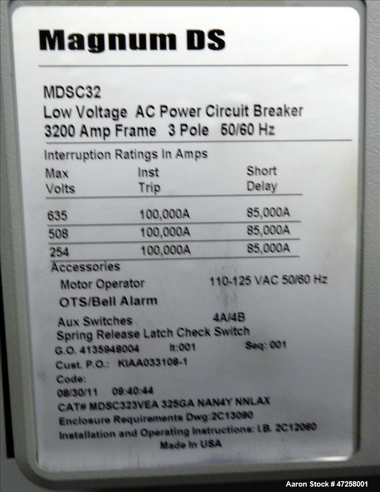 Used Eaton Floor-Standing Magnum Fixed Mount Automatic Transfer Switch, 3200 amp. Cutler Hammer ATC-600 programmable microprocessor-based logic controller. Nema type 1 enclosure. 3/50/60hz, 120-600 v...