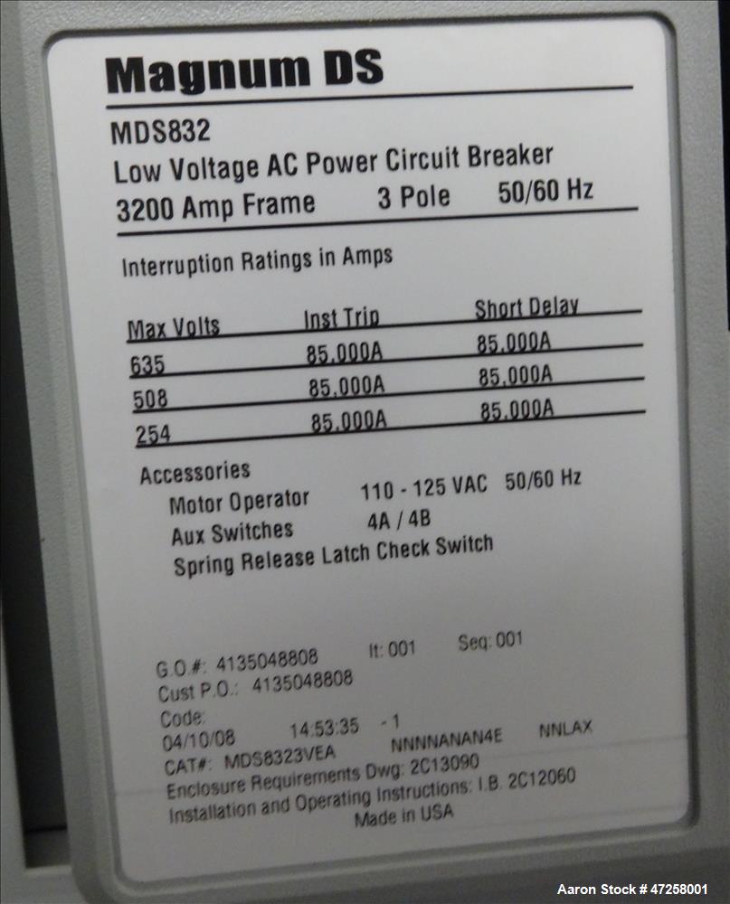 Used Eaton Floor-Standing Magnum Fixed Mount Automatic Transfer Switch, 3200 amp. Cutler Hammer ATC-600 programmable microprocessor-based logic controller. Nema type 1 enclosure. 3/50/60hz, 120-600 v...
