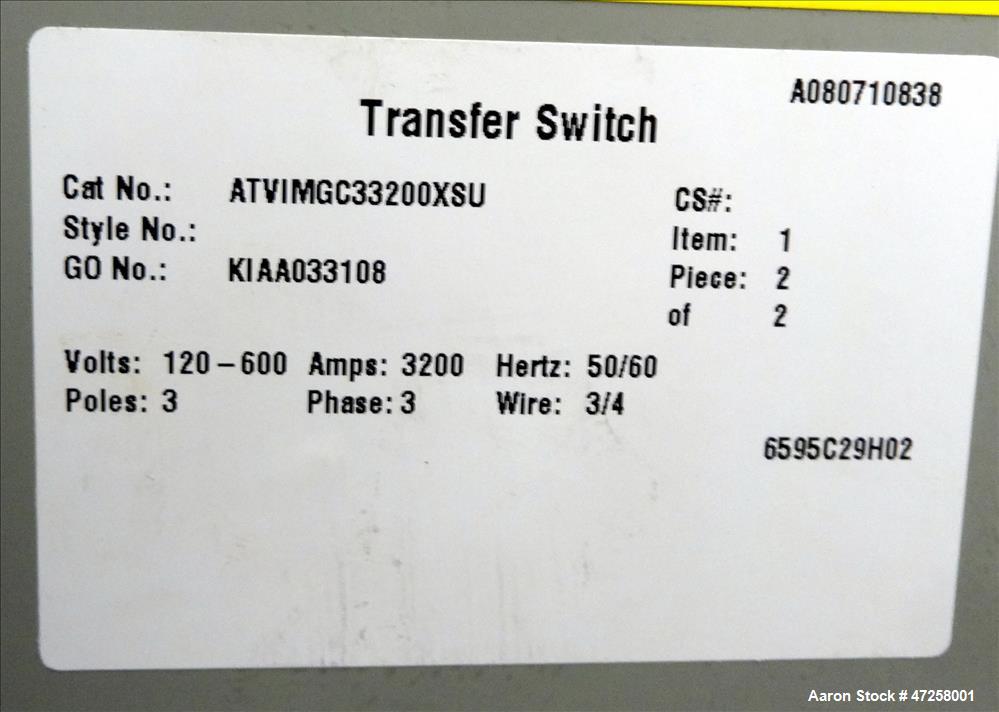 Used Eaton Floor-Standing Magnum Fixed Mount Automatic Transfer Switch, 3200 amp. Cutler Hammer ATC-600 programmable microprocessor-based logic controller. Nema type 1 enclosure. 3/50/60hz, 120-600 v...