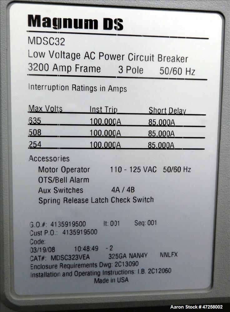 Used Eaton Floor-Standing Magnum Fixed Mount Automatic Transfer Switch, 3200 amp. Cutler Hammer ATC-600 programmable microprocessor-based logic controller. Nema type 1 enclosure. 3/50/60hz, 120-600 v...