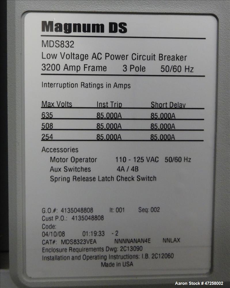 Used Eaton Floor-Standing Magnum Fixed Mount Automatic Transfer Switch, 3200 amp. Cutler Hammer ATC-600 programmable microprocessor-based logic controller. Nema type 1 enclosure. 3/50/60hz, 120-600 v...
