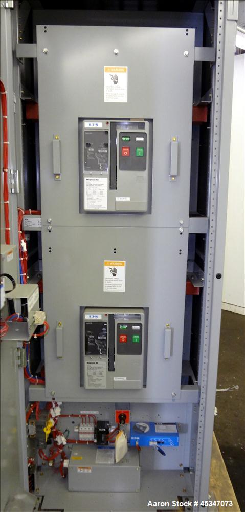 Used Eaton 600 Amp Automatic Transfer Switch, Catalog# ATVIMGB30600XSU. 3 Phase 120-600V, 3 pole, Magnum DS 600 amp circuit breakers with 100,000KA trip. Year 2012.