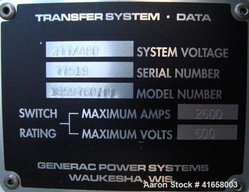 Used Generac 2600 Amp Automatic Transfer Switch, Model 1659760100. Outdoor enclosure, rated 600/480 Volt.
