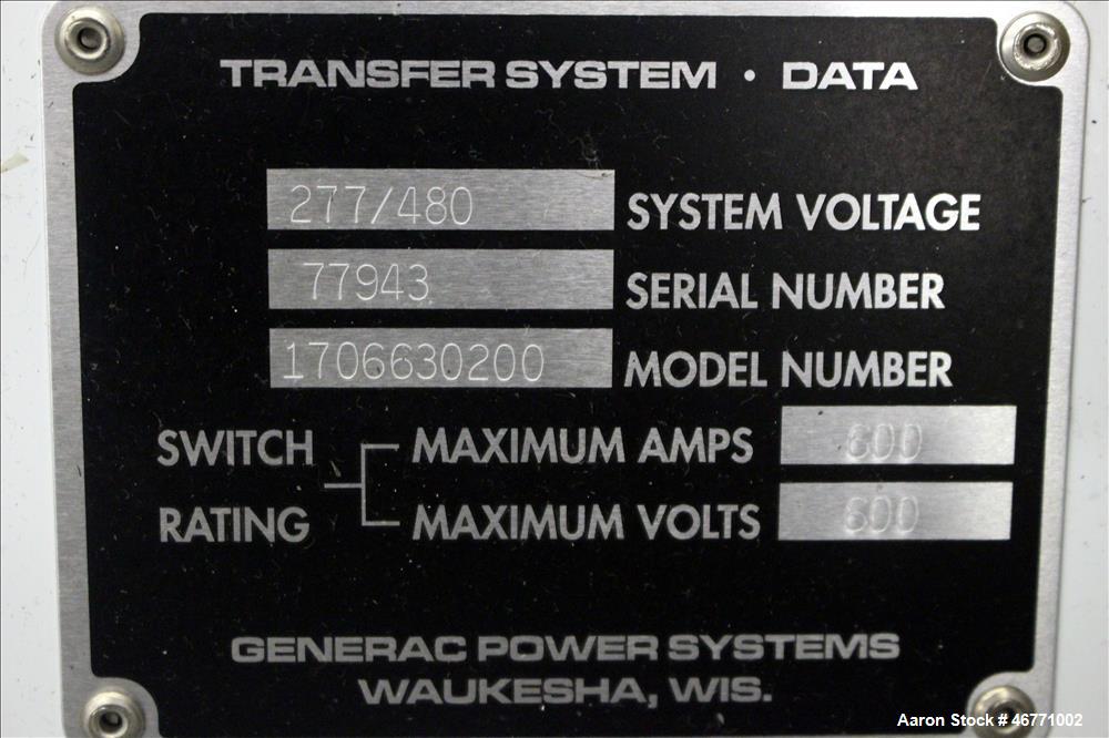 Used Generac Transfer Switch, Model 1706630200, 600 amp, system voltage 277/480, serial# 77943.