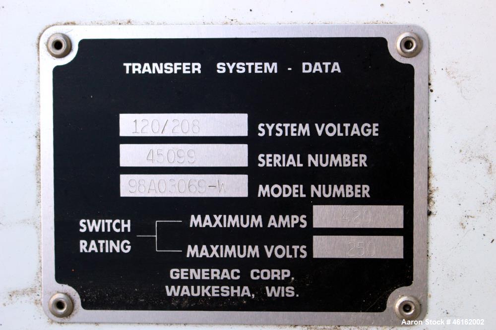Used Generac Automatic Transfer Switch, Model 98A03069-W. Maximum amps 420. Maximum volts 250. System voltage 120/208. Serial# 45099.