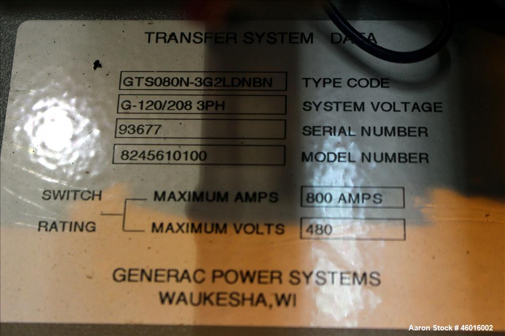 Used Generac 800 Amp Automatic Transfer Switch, Model 8245610100. NEMA 12 enclosure 3/60/120/208V. Year 2007.