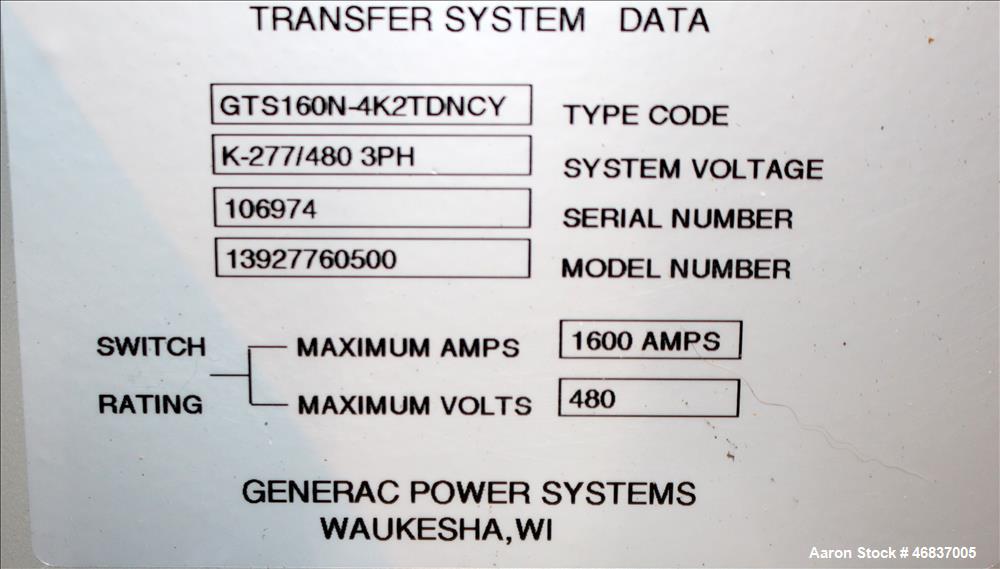 Unused-Generac 1600 AMP ATS / Automatic Transfer Switch, Model GTS160N-4K2TDNCY