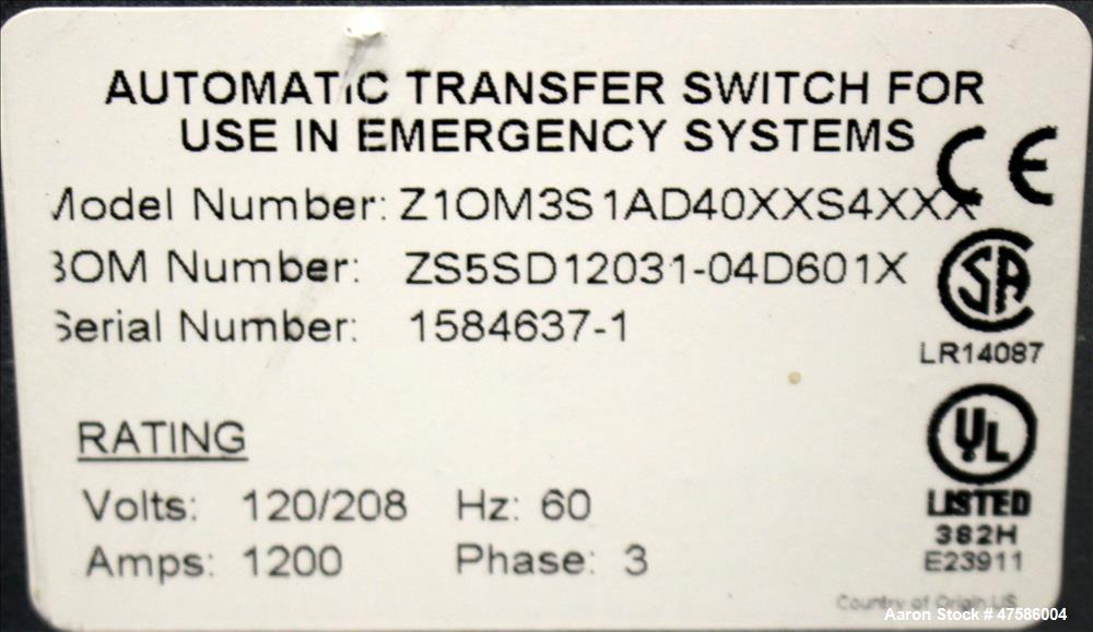 Used GE ATS Automatic Transfer Switch, Model Z1OM3S1AD40XXS4XXX. 1200 Amp. 3/60/120/208 Volt. GE multilin MX350 auto transfer controller. Nema 1 enclosure. Serial# 1584637-1.