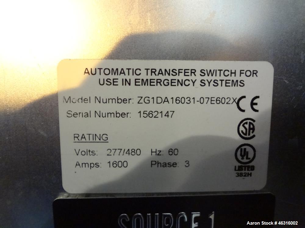 Used GE Zenith Controls Automatic Transfer Switch, Model ZG1DA16031-07E602X, 1600 amp, 3/60/277/480 volt. Serial #1562147.