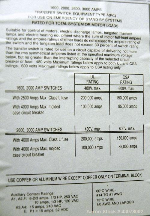 Used GE Zenith Controls 1600 Amp Transfer Switch, Model ZTGK160EC-7.  3/60/277/480 volt.