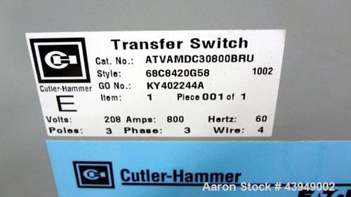 Used Cutler-Hammer 800 Amp Transfer Switch. Cat.# ATVAMDC30800BRU, style 68C8420G58. 3/60/208 Volts. Type 3R enclosure.