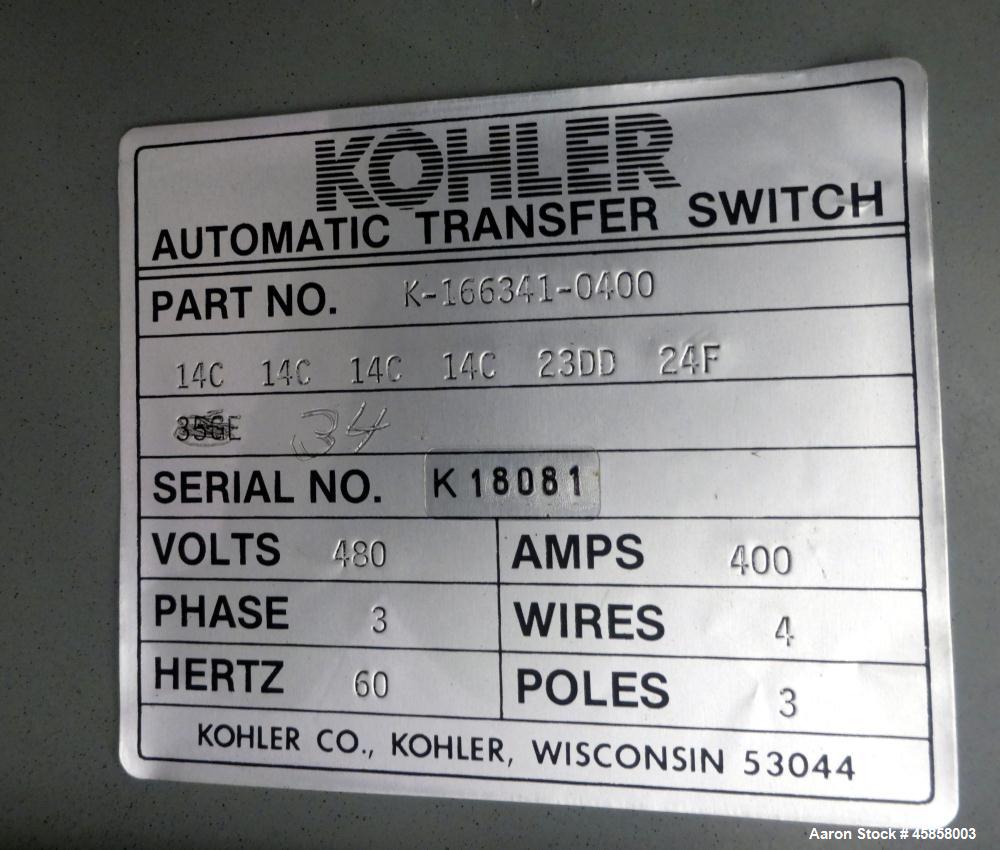 Used- Kohler 400 Amp Automatic Transfer Switch, Part# K-166341-0400. 3 Phase, 60 hertz, 480 volts. Serial# K189081.