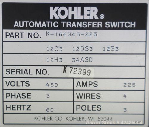 Used Kohler Automatic Transfer Switch, model K-166343-225. 225 Amp, 3/60/480 Volt.