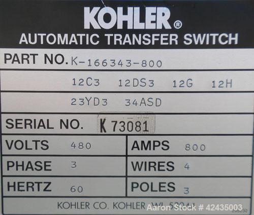 Used Kohler Automatic Transfer Switch, model K-166343-800. 800 Amp, 3/60/480 Volt.