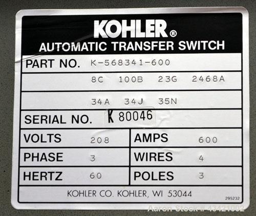 Used Kohler Automatic Transfer Switch, Part# K-568341-600. 600 Amps, 3/60/208 volt.