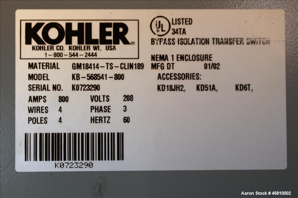 Used Kohler 800 Amp ATS, Bypass Isolation Automatic Transfer Switch