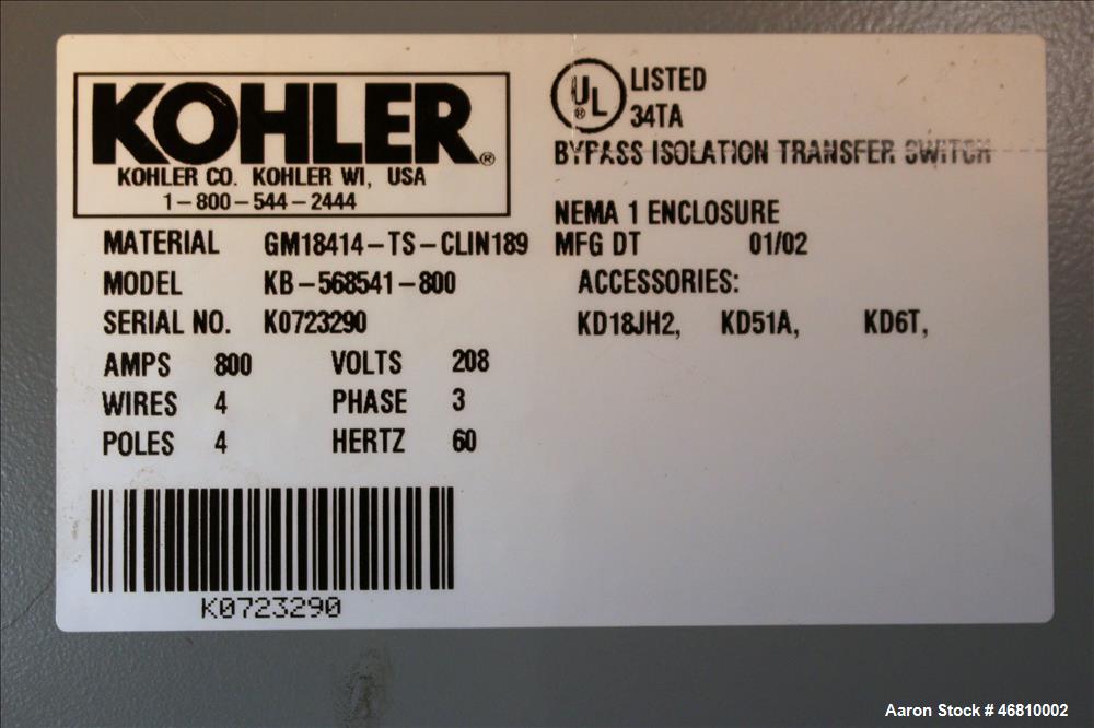 Used- Kohler 800 Amp ATS, Bypass Isolation Automatic Transfer Switch