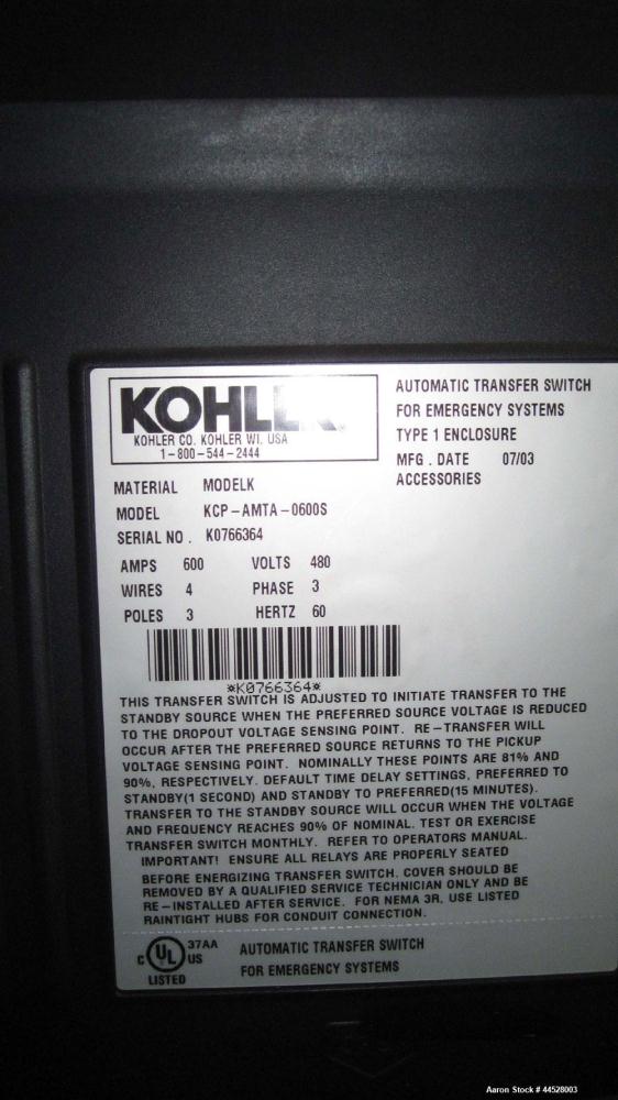 Used Kohler 600 Amp Automatic Transfer Switch. 3 pole, 3/60/480V. Model KCP-AMTA-0600S, serial #K0766364. Nema 1 enclosure. Year 2003.
