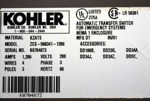 Used Kohler 1200 Amp Automatic Tranfer Switch. Model ZCS-568341-1200. 3/60/208 Volts, Nema 1 enclosure.