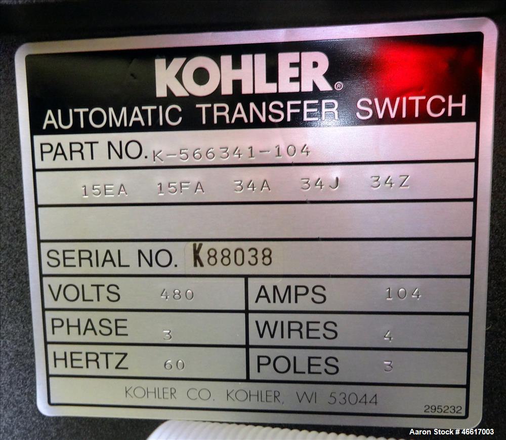 Used Kohler Automatic Transfer Switch, Part# K-566341-104, 104 Amp. 3/60/480 Volt. Serial# K88038.