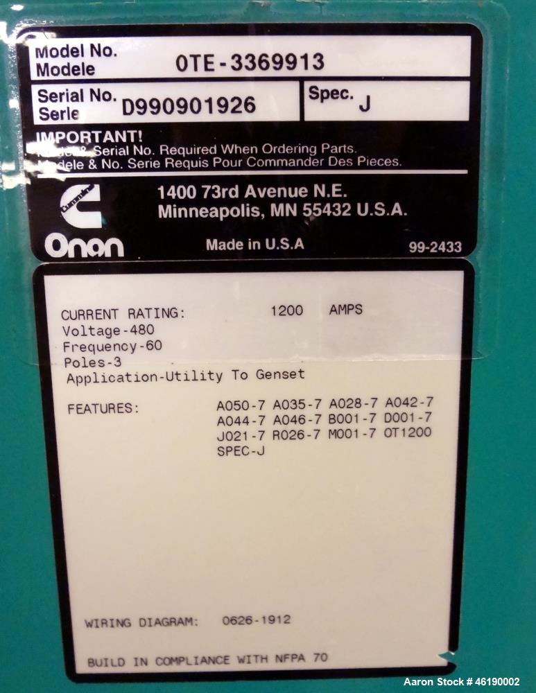 Used Cummins/Onan Automatic Transfer Switch, Model OTE-3369913. 1200 Amp. 3/60/480 volt. Serial# D990901926.