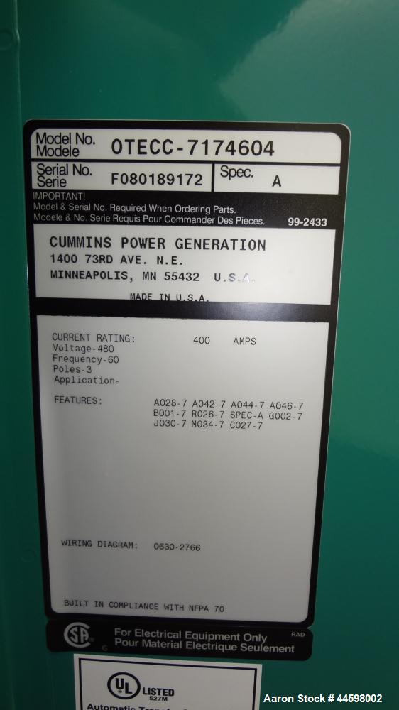Used Cummins / Onan 400 Amp Automatic Transfer Switch, Model OTECC-7174604, serial #F080189172. 3/60/480V. Type 1 enclosure.
