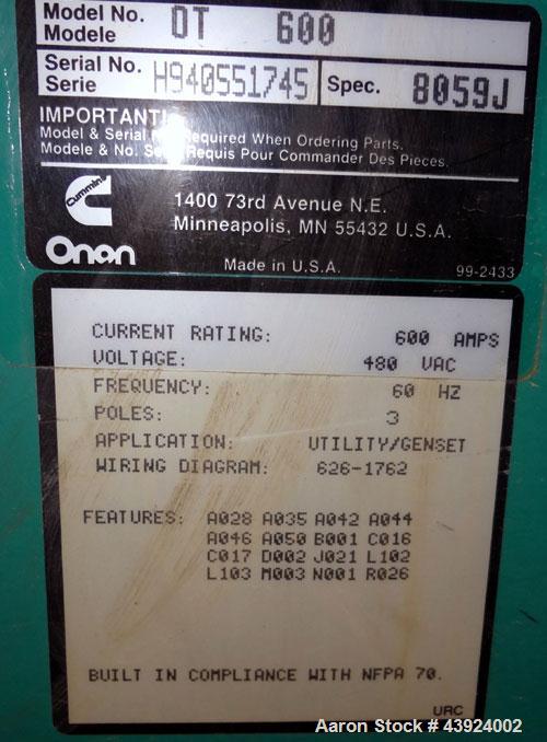 Used Onan Transfer Switch, 600 Amps, Model OT 600.  3/60/480 Volt.  Serial  #H940551745.