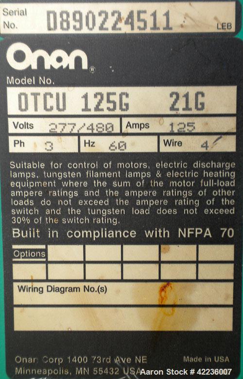 Used Onan Transfer Switch, 125 amp, 3/60/440/480V, model OTCU125G21G, serial #D890224511.