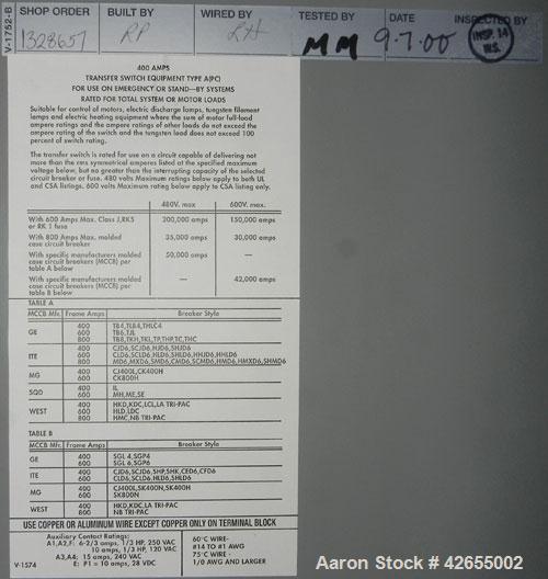 Used Zenith Entelli-Switch 250 Automatic Transfer Switch, Model ZBTSDL22EC-5, Serial #1328657, 480V, 225 Amps, 3 Phase, 60 Hz., Built 2000