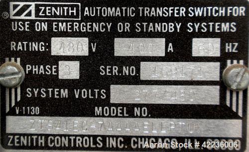 Used Zenith Controls Automatic Transfer Switch, 400 amp, 3/60480V, model ZTS41EC-7AAAAELLPTUW, serial #169171.