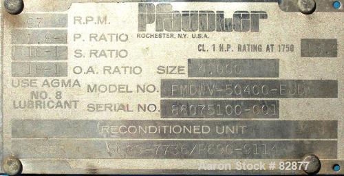 USED: Pfaudler agitator drive, model FMDWV-50400-EJD, size 4. Driven by a 5 hp, 3/60/230/460 volt, 1740 rpm XP motor. Gear ratios: P - 11.8 to 1, S - 10 to 1, OA - 10 to 1. 97 rpm. Includes lubricato...