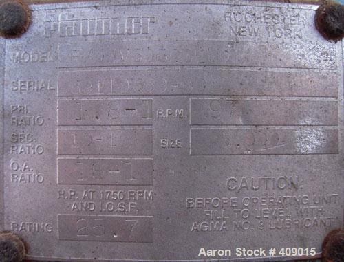 Used Pfaudler Agitator, Size 5RWFFG, Model FMDWV50500EJD. P ratio 1.8 to 1, S ratio 10 to 1, OA ratio 18 to 1, 97 rpm. Driven by a 10 hp, 3/60/230/460 volt, 1725 rpm motor. Includes a lubricator.
