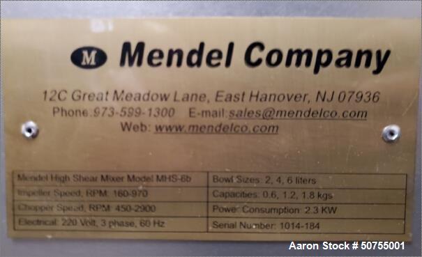 Used Mendel Company High Shear Mixer, Model MHS-6b