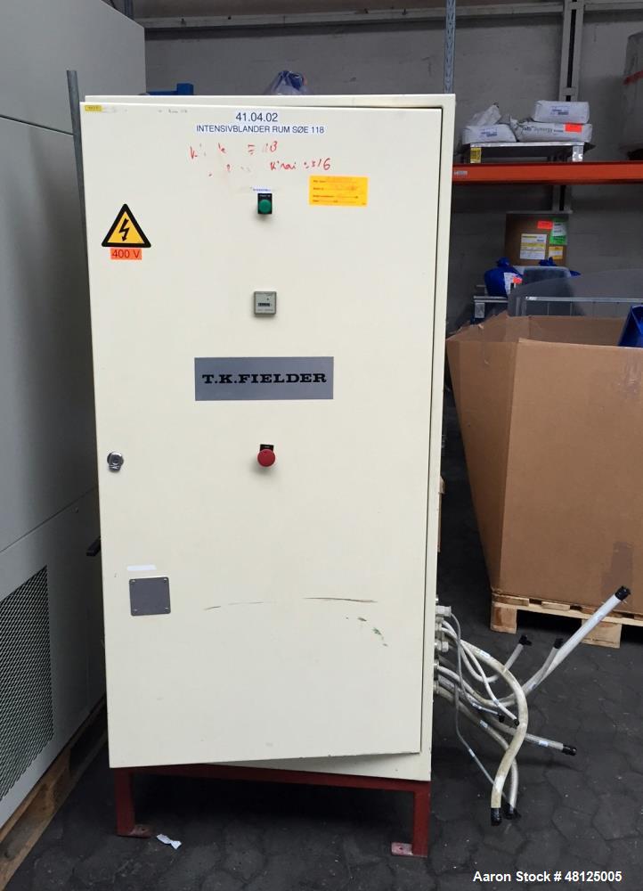 Used TK Fielder high shear mixer, Polished stainless steel construction, Total capacity 14 cu ft (400 liter), working capacity 10.59 cu ft (300 liter). 39" (1190 mm) dia, x 193" (595 mm) st. side non...