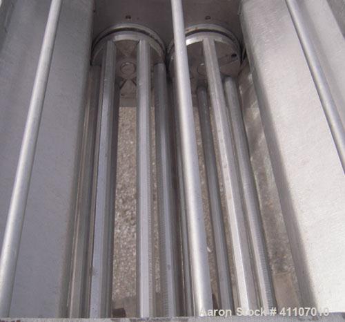 Used Colton Twin Rotary Oscillating Granulator, model 544A, 304 stainless steel. (2) 4" diameter 6 blade rotors. Top feed, no cover, bottom discharge chute with screen. Driven by a 1 hp, 3/60/208-220...