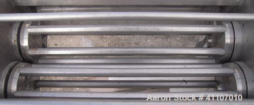 Used Colton Twin Rotary Oscillating Granulator, model 544A, 304 stainless steel. (2) 4" diameter 6 blade rotors. Top feed, no cover, bottom discharge chute with screen. Driven by a 1 hp, 3/60/208-220...