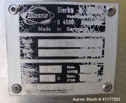 Used Diosna P-800 high shear mixer granulator. Bowl Volume 800 liters. Batch size up to 720 liters. Main rotor drive: 35/55 KW. Main rotor speed: 49/98 RPM. Chopper drive: 14/16 KW. Chopper speed: 14...