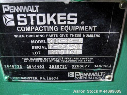 Used Stokes Oscillating Granulator, Model 900-43-6, Stainless Steel. Includes a rotor, missing bottom chute. Driven by a 1hp, 230/460 volt motor with controls. Serial#T-664229, Lot#669101.