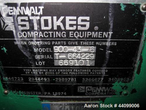 Used Stokes Oscillating Granulator, Model 900-43-6, Stainless Steel. Includes a rotor, missing bottom chute. Driven by a 1hp, 230/460 volt motor with controls. Serial#T-664229, Lot#669101.