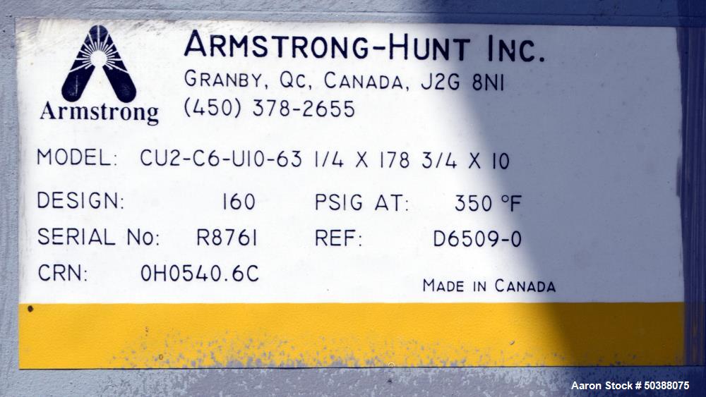 Used Armstrong-Hunt Air Cooled Heat Exchanger, Model CU2-C6-U10-63-1/4 X 178-3/4 X 10. Rated 160 psi at 350 degrees F. (3) Fans, each driven by a 5hp motor. Serial# R8761, built 2012.