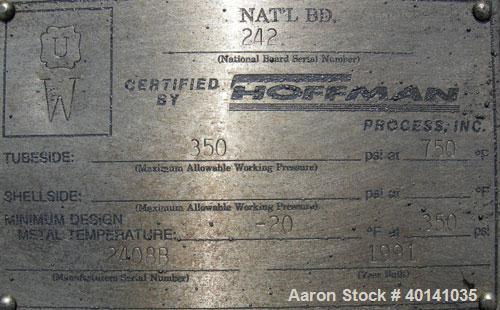 Unused-Used: Hoffman Process fin fan heat exchanger, model 1FDO404031, approximately 70 square feet, 316L stainless steel header. (66) 1" diameter x 4'8" long 316L stainless steel "U" tube bundle wit...