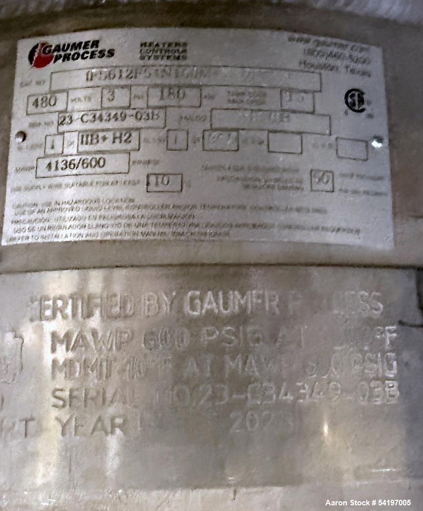 Unused Gaumer Process Stainless Steel Electric Heater. 600 PSIG @ 10 to 1000 degrees F, Design: 180 KW.  12" diameter x 164" long. 3/60/480v. Serial # 23-C34349-03A, Built 2023.