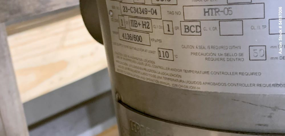 Unused Gaumer Process Stainless Steel Electric Heater. 600 PSIG at 10 to 932 degrees F, Design: 33.3 KW.  6" diameter x 67.2" long. 3/60/480v, Serial # 23-C34349-4, Built 2023.