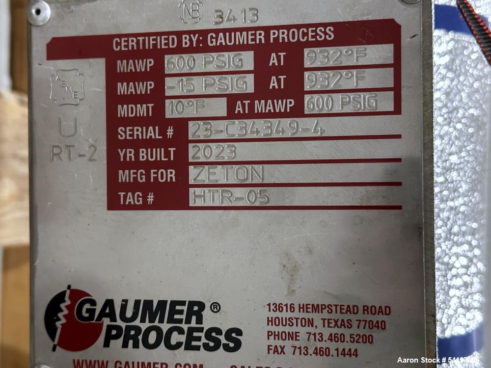 Unused Gaumer Process Stainless Steel Electric Heater. 600 PSIG at 10 to 932 degrees F, Design: 33.3 KW.  6" diameter x 67.2" long. 3/60/480v, Serial # 23-C34349-4, Built 2023.