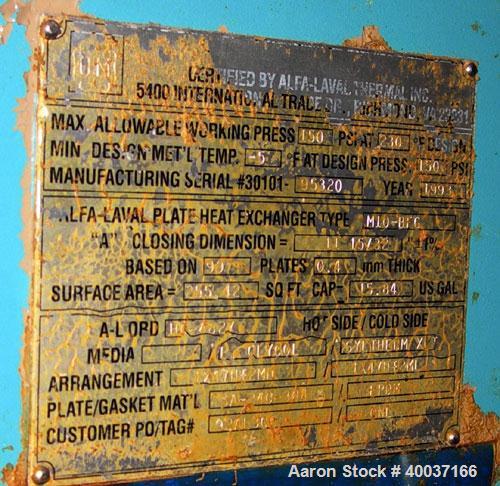 Used Used: Alfa Laval Plate Heat Exchanger, Model M10-BFG, 255 square feet. Rated 150 psi at 230 deg.f.. Built 1993.