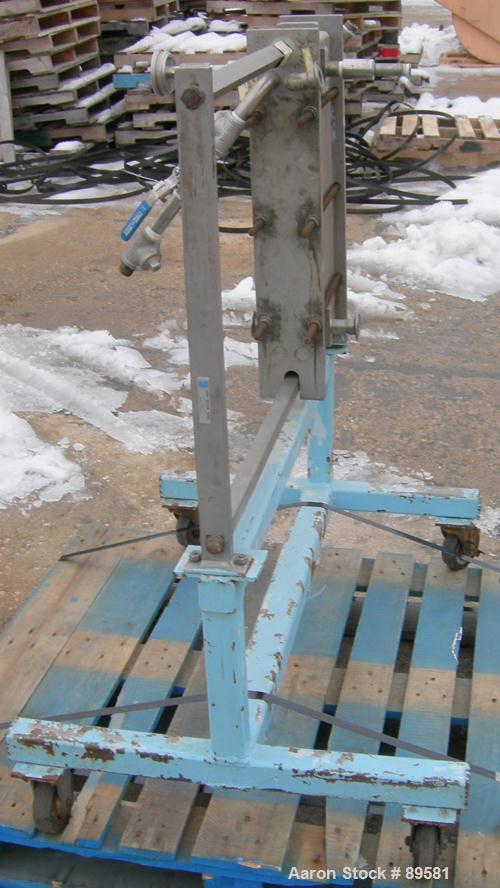 USED: Plate heat exchanger, approximately 40 square feet, 316 stainless steel. 2 sections, (92) approximately 2-3/4" wide x 23" long plates. 3/4" inlet/outlet. Expandable frame. Frame mounted with ca...