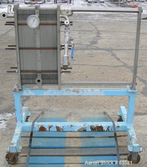 USED: Plate heat exchanger, approximately 40 square feet, 316 stainless steel. 2 sections, (92) approximately 2-3/4" wide x 23" long plates. 3/4" inlet/outlet. Expandable frame. Frame mounted with ca...