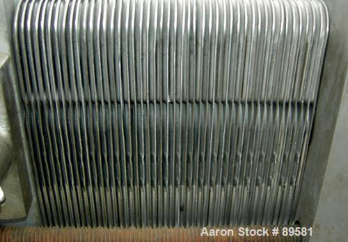 USED: Plate heat exchanger, approximately 40 square feet, 316 stainless steel. 2 sections, (92) approximately 2-3/4" wide x 23" long plates. 3/4" inlet/outlet. Expandable frame. Frame mounted with ca...