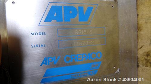 Used APV Crepaco Paraflow Plate Heat Exchanger, Model SR15-S, #2 Frame Size. Approximately 61 square feet. (55) 8-1/4” wide x 22-7/16” long 316 stainless steel plates. Maximum operating pressure 150 ...