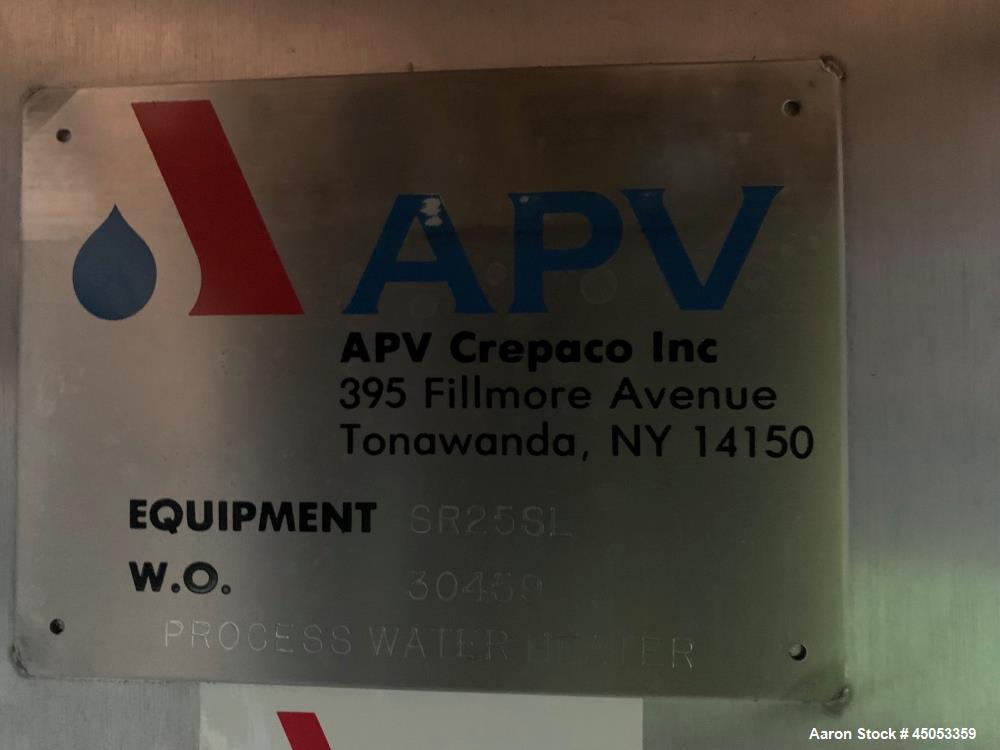 Unused- APV Crepaco Stainless Steel Plate Heat Exchanger, Model SR25SL. (24) 316 Stainless Steel plates with (EPDM) gaskets. Maximum operating pressure 150 psi. W.O# 30459, Built 1995.